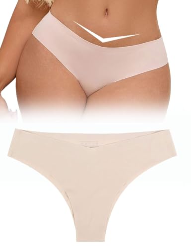 ohyeahlady Seamless Slips Damen Unterhosen Nahtlos Eisseide Unterwäsche V-Schnitt String Tanga Große Größen Höschen Hipster Underwear Women T-Back Thong Bikini Stretch Pantys Hautfarbe S von ohyeahlady