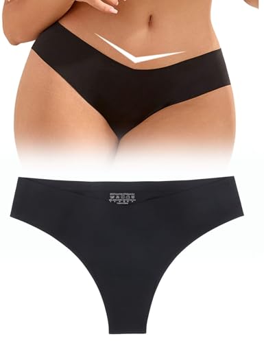 ohyeahlady Seamless Slips Damen Unterhosen Nahtlos Eisseide Unterwäsche V-Schnitt String Tanga Große Größen Höschen Hipster Underwear Women T-Back Thong Bikini Stretch Pantys Schwarz XL von ohyeahlady
