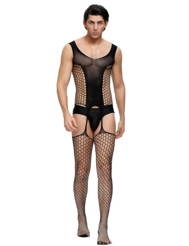 ohyeahlady Sexy Bodystocking Ouvert Herren Große Größen Sissy Unterwäsche Desssous Reizwäsche Erotisch Catsuit Gay Spitze Fishnetz Negligees Lingerie Men Netz Bodysuit Netzstrümpfe Schwarz,XS-M von ohyeahlady