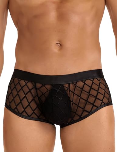 ohyeahlady Sexy Boxershorts Herren Transparent Kunstleder String Tanga Mesh Unterwäsche Transparent Große Größen Wetlook Unterhosen Slip Sissy Dessous Reizwäsche Gay Underwear Schwarz B L von ohyeahlady