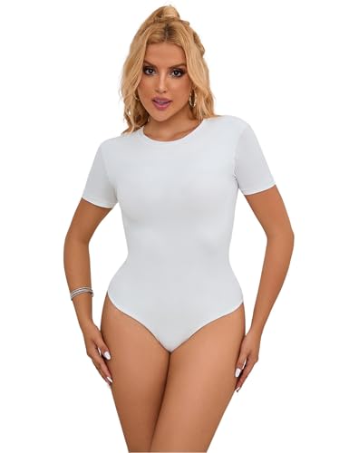 ohyeahlady Damen Body Curvy mit Druckknopf Bodysuit Elegant Kurzarm Stringbody T-Shirt Oberteil Große Größen Oberteil Hohe Elastizität Jumpsuit Overall Blusebody Tank Top Weiß L von ohyeahlady