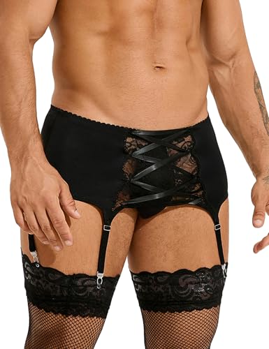 ohyeahlady Sissy Dessous Männer Gay unterwäsche Herren mit 4 Clips Spitze Reizwäsche Große Größen Strumpfgürtel Breit Strumpfhalter Oberschenkel Strumpfband Garter Belt mit 3 Haken Schwarz L von ohyeahlady