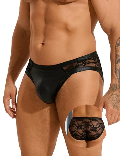 ohyeahlady Sissy Dessous Männer Spitze Gay Unterwäsche Herren PU Leder String Tanga Große Größen Unterhosen Slips Wetlook Shorts Pouch Underwear Reizwäsche Stretch Party Clubwear Schwarz XXL von ohyeahlady