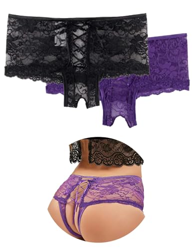 ohyeahlady Slip für Frauen Sexy Spitze Unterwäsche Übergröße Höschen Unterhosen Große Größen Curvy String Tanga Damen Sexy Dessou Underwear Panty Schwarz+Lila,XS-S von ohyeahlady