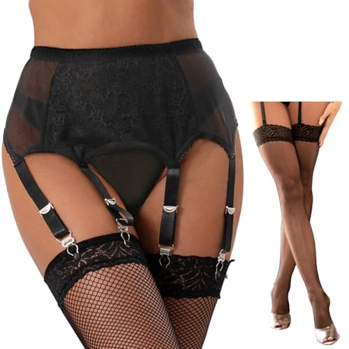 ohyeahlady Strapsen Dessous Set mit Strümpfen Sexy Strumpfhalter Große Größen Strapsgürtel Breit mit 6 Halter Spitze Strapshalter Strumpfband Hüftgürtel Dessous Damen Sexy Unterwäsche Schwarz,3XL-4XL von ohyeahlady