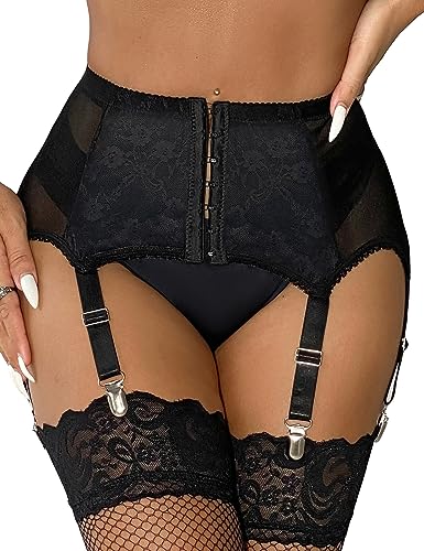 ohyeahlady Strapshalter mit Metallclips für Damen Sexy Strumpfhalter Spitze Strapsgürtel mit 6 Halter Strapsen Dessous Set Große Größen Strumfband Strapsen Halter Strumpfgürtel Schwarz,XS-S von ohyeahlady