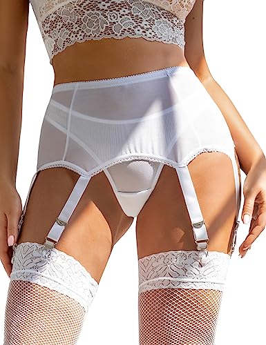 ohyeahlady Strapsgürtel mit Strümpfe Set Für Damen Strumpfhalter und Strapse set Strapsen Halter Dessous Große Größen mit 6 Metallclips StrumpfbandEU 48 50(Weiß B,3XL-4XL) von ohyeahlady