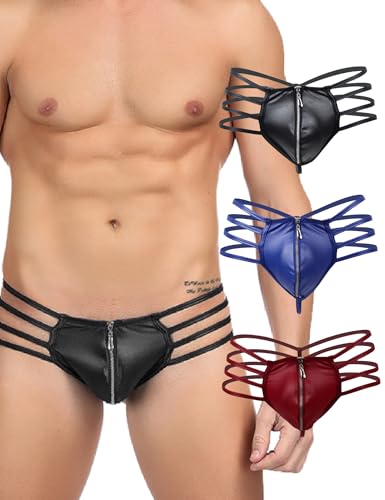 ohyeahlady String Tanga Herren Sexy Dessous 3er Pack Kunstleder Unterwäsche Männer mit Reißverschluss Große Größen Thong Ouvert Gay Unterhosen Slips T-Back Reizwäsche(Schwarz+Rot+Wei,M) von ohyeahlady