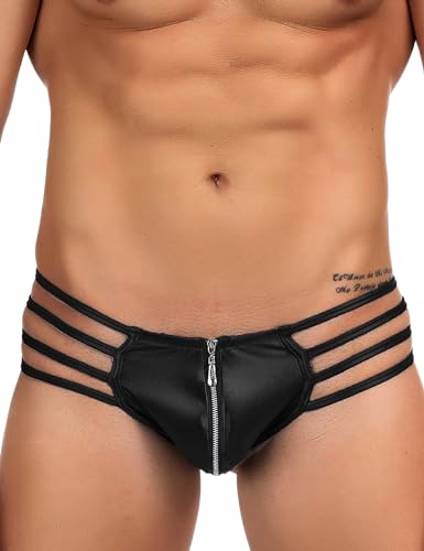 ohyeahlady String Tanga Herren Sexy Kunstleder mit Reißverschluss Gummi Unterwäsche Männer Ouvert Thong Sissy G-String Wetlook Elastizität Slips Dessous Große Größen Unterhosen(Schwarz,S) von ohyeahlady