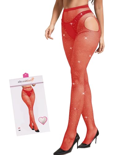 ohyeahlady Halterlose Strümpfe Ouvert Damen Strumpfhose Große Größen Glitzer Strapsstrümpfe Strapsen Dessous Curvy Netzstrümpfe Fishnetz Stocking Mollig Pantyhose Open Rot 3XL-5XL von ohyeahlady