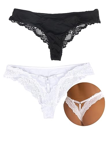 ohyeahlady String Tanga Damen Sexy Dessous 2er Pack Spitze Tangas Set Niedrige Taille Erotisch Slips Große Größen Thong Frauen Bikini Hipster Pantys Unterwäsche Unterhosen(Schwarz+Weiß,3XL-4XL) von ohyeahlady