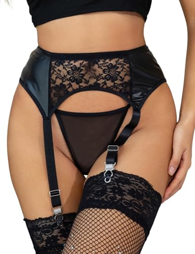 ohyeahlady Wetlook Strapsgürtel mit Clips PU Leder Strapsen Halter Retro Große Größen Breit Strumpfhalter Spitze Sexy Strapse mit Strumpfband Slip mit Strapshalter Unterwäsche Schwarz,S von ohyeahlady