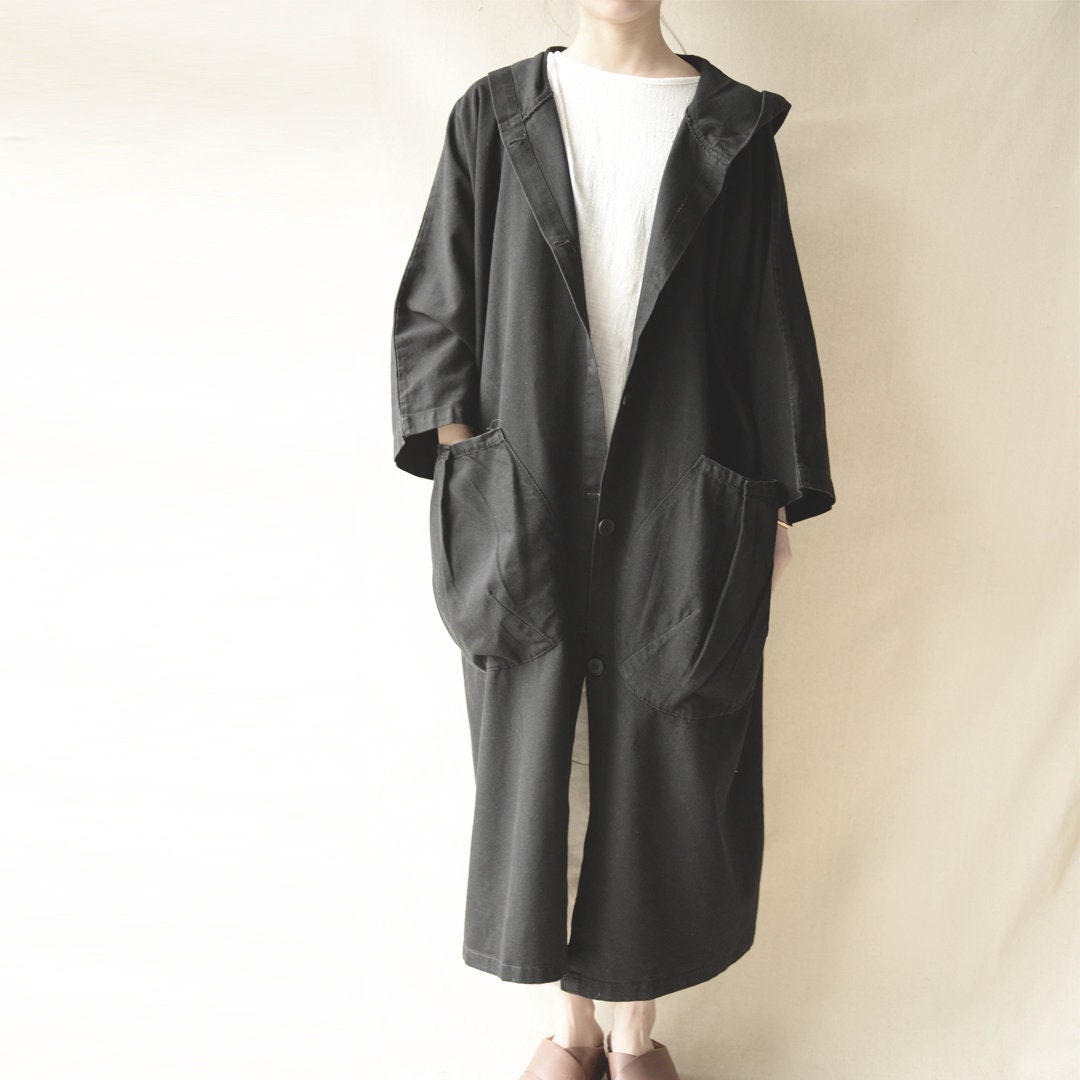 Langer Mantel Mit Kapuze Übergroßer Jeansmantel Dünner Stoff Maximantel Für Damen Gewaschene Strickjacke Schwarzer von ohyeahrock