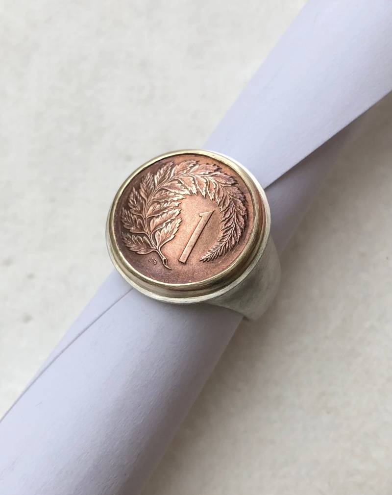 Ring Silber Goldfassung Münze Blatt von ojuna
