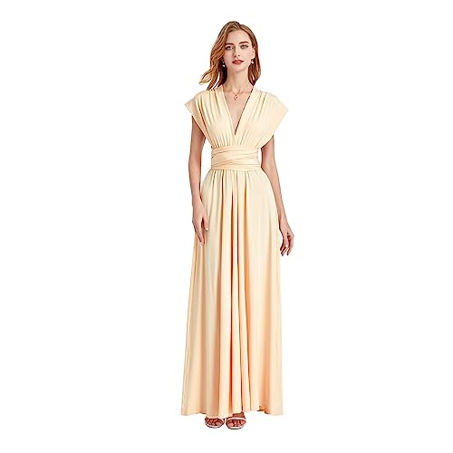 okwish Damen Abendkleid Multi-tragen Maxikleid Brautjungfernkleid wickelkleid Damen Schulterfrei Cocktailkleid V-Ausschnitt Abendkleider Abschluss Sommer Strandkleid Hochzeit Beige L/40-42 von okwish