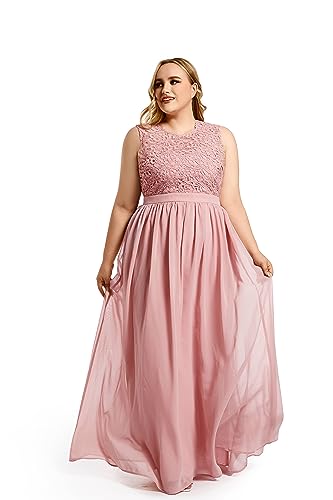 okwish Damen Abendkleider Große Größen Spitzenkleid Elegant für Hochzeit Brautjungfernkleider Cocktailkleid Chiffon Abschlusskleid lang Ballkleid Rosa 46 von okwish