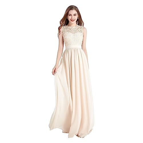 okwish Damen Abendkleider Spitzenkleid Elegant für Hochzeit Brautjungfernkleider Cocktailkleid Chiffon Abschlusskleid lang Ballkleid Beige XXL/40 von okwish