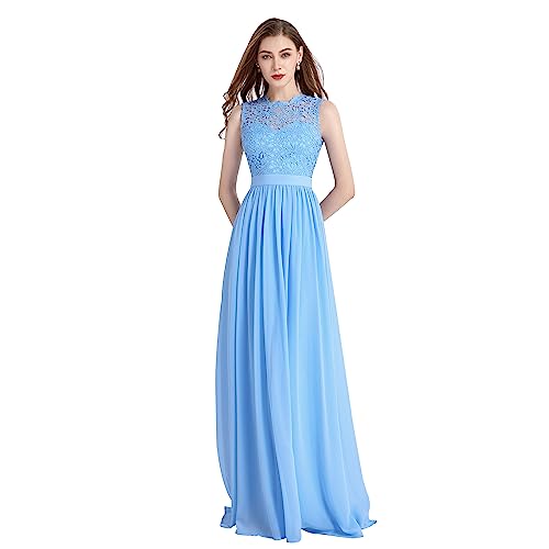 okwish Damen Abendkleider Spitzenkleid Elegant für Hochzeit Brautjungfernkleider Cocktailkleid Chiffon Abschlusskleid lang Ballkleid Blau S/32 von okwish