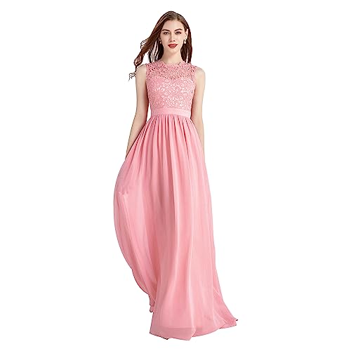 okwish Damen Abendkleider Spitzenkleid Elegant für Hochzeit Brautjungfernkleider Cocktailkleid Chiffon Abschlusskleid lang Ballkleid Rosa XXL/40 von okwish