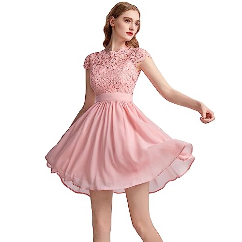 okwish Damen Spitzenkleid Abendkleider Elegant für Hochzeit Knielang Cocktailkleid Brautjungfernkleider Chiffon Abschlusskleid Ballkleid Rosa S/34 von okwish