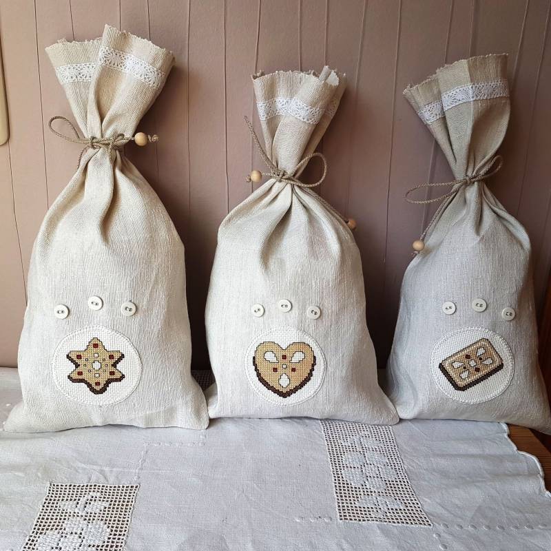 Leinenbeutel/Geschenkesack - 41x20 cm Bauernleinen Kreuzstich -Lebkuchenmotive Leinenbeutel/Geschenkesack - 41x20 cm Bauernleinen Kreuzstich -Lebkuchenmotive von oldlinen4you