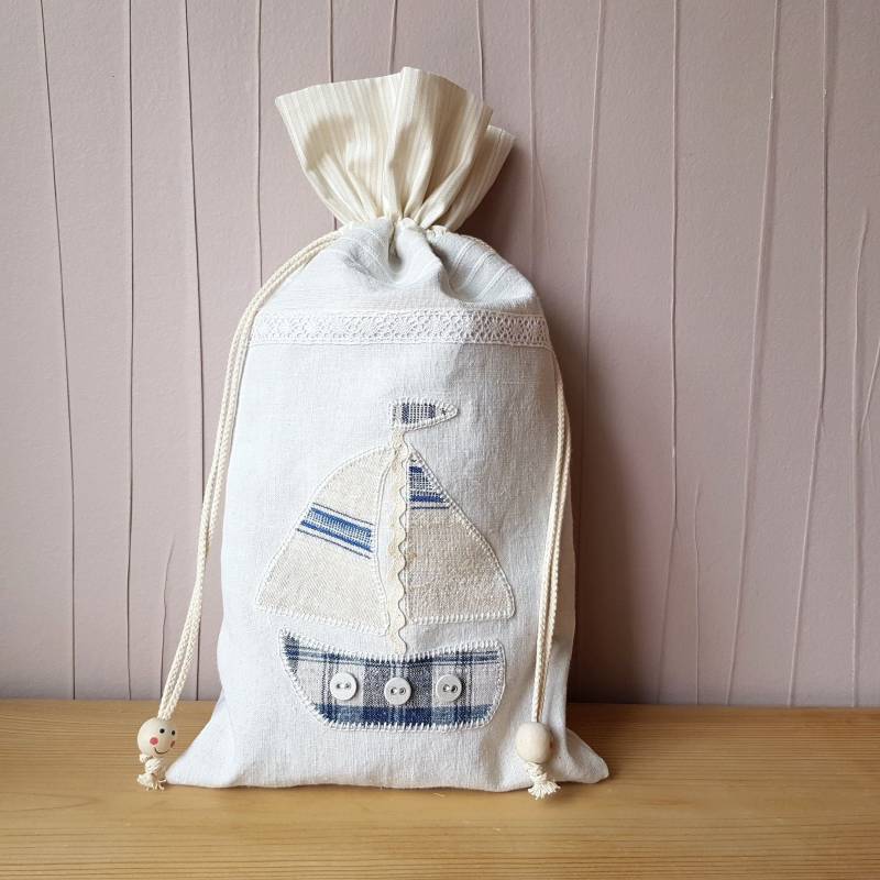 Leinenbeutel - Segelboot 38x20 cm Bauernleinen von oldlinen4you