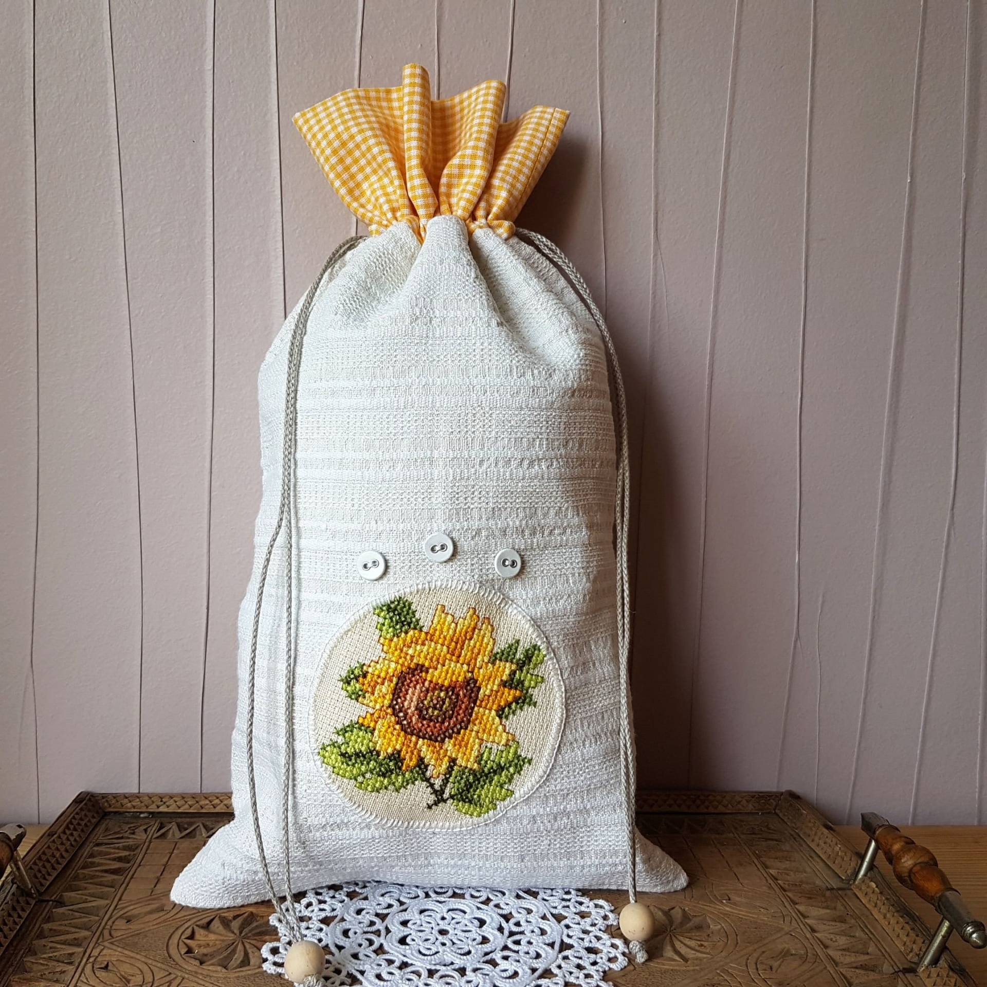 Leinenbeutel - Sonnenblume 39x21 cm Bauernleinen Tunnelzug von oldlinen4you