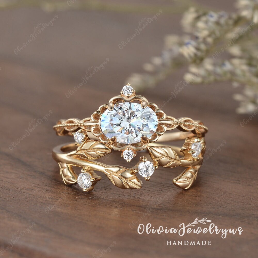 Blatt Moissanite Verlobungsring Set Oval Ring Einzigartige Cluster Ehering Diamant Band Art Deco Jahrestag Silber Verfügbar von oliviajewelryus