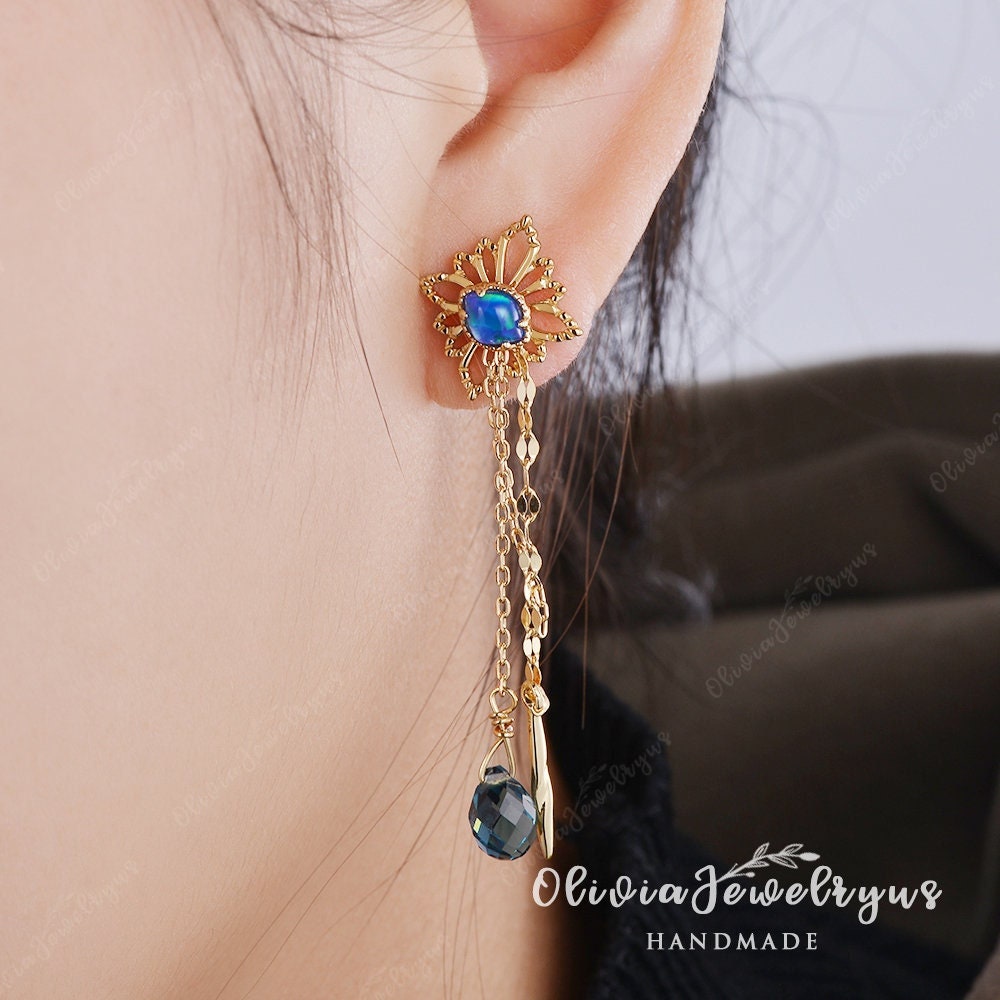 Lab Opal Baumeln Ohrringe Set Vintage Gelb Gold Blau Topas Drop Link Antik Silber Doppel Kette Ohrring Lange Drapieren von oliviajewelryus