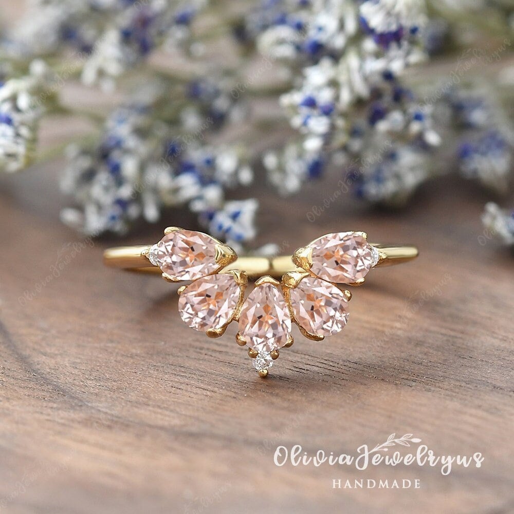 Morganit Ehering Gebogen Gelbgold Band Ring Birnenförmig Champagner Stapeln Jahrestag Geschenk Für Sie von oliviajewelryus