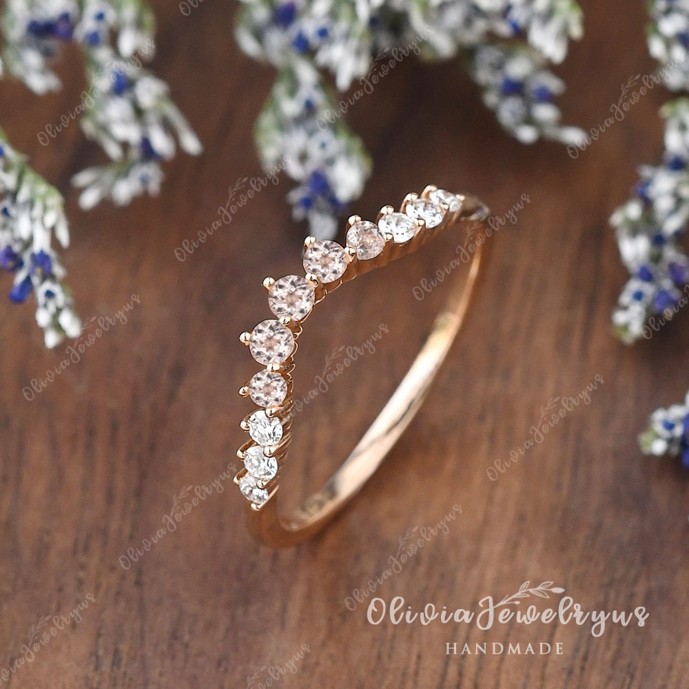 Natürliche Morganit Ehering Frau Gebogen Rose Gold Zierliche Halbe Ewigkeit Moissanite Ring Stapeln Passenden von oliviajewelryus