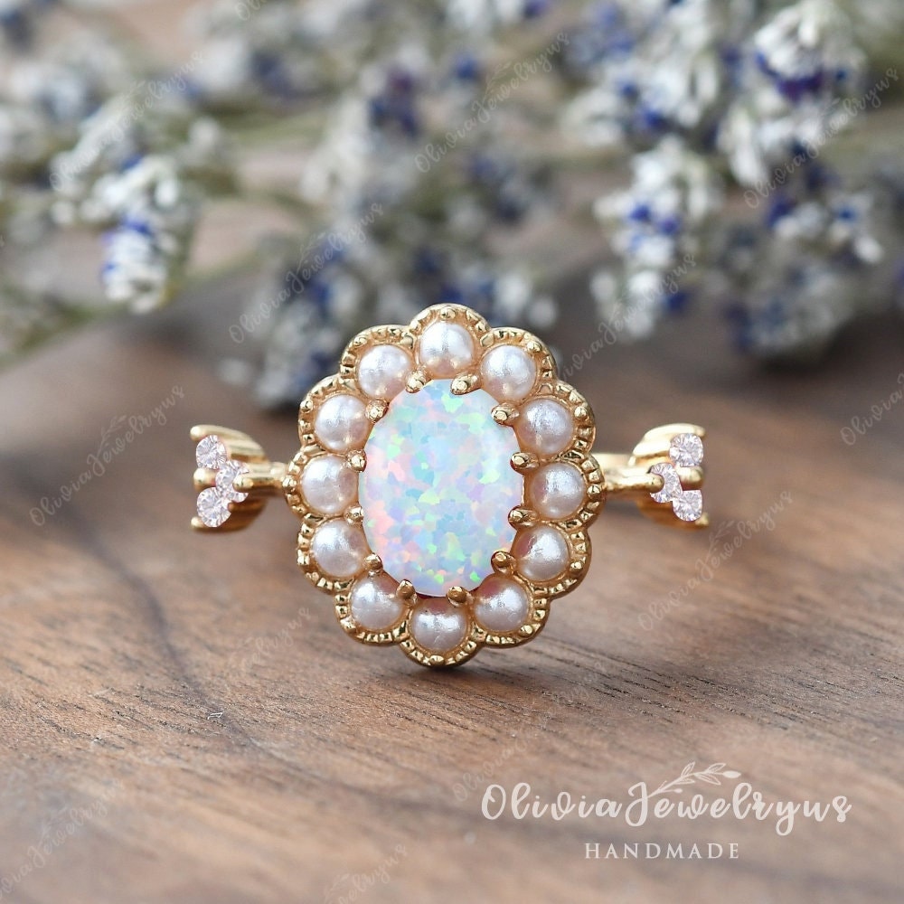 Vintage Opal Halo Ring Gelb Gold Zierlicher Labrador & Natürliche Perle Frau Sterling Silber Retro Statement Freundin Geschenk von oliviajewelryus