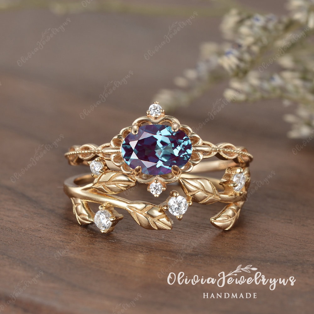 Zierliche Alexandrit Verlobungsring Rosegold Oval Ring Marquise 1/2 Eternity Diamant Band Einzigartige Brautring Für Frauen von oliviajewelryus