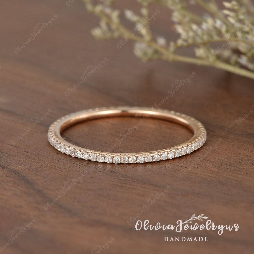 Zierliche Diamant Ehering Eternity Stacking Band Micro Pave Thin Diamond 14K Rose Gold Minimalist Silber von oliviajewelryus