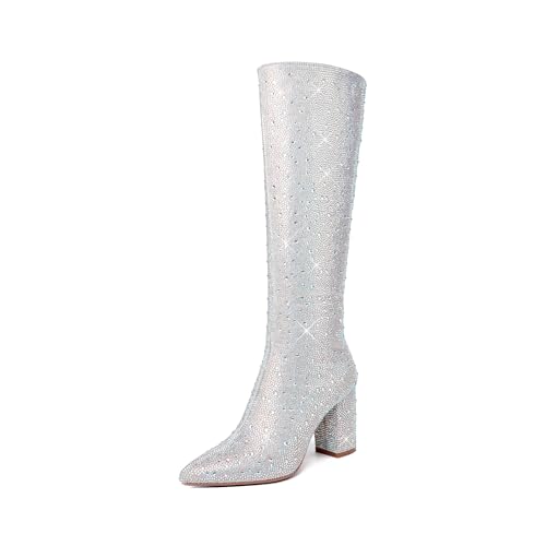 olomisa Glitzernde Stiefel für Damen, Strass, kniehohe Stiefel, spitzer Zehenbereich, Stiletto-Absatz, Stiefeletten, glitzernde Stiefel, Silber (kniehoch), 40.5 EU von olomisa