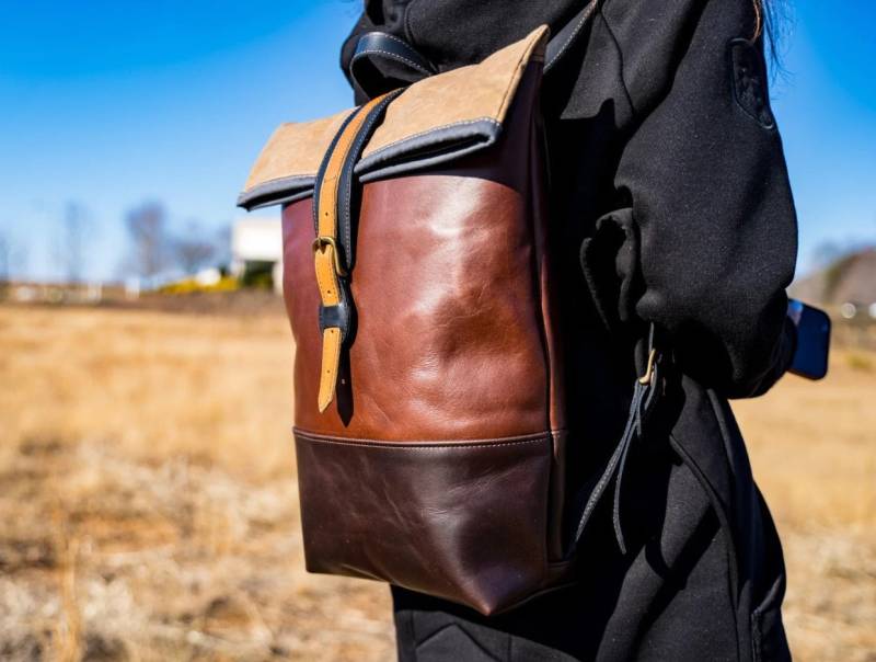 Leder Rucksack Mit Reißverschluss/Damen Rolltop Herren Frauen Tasche Unisex Rucksäcke von olpr