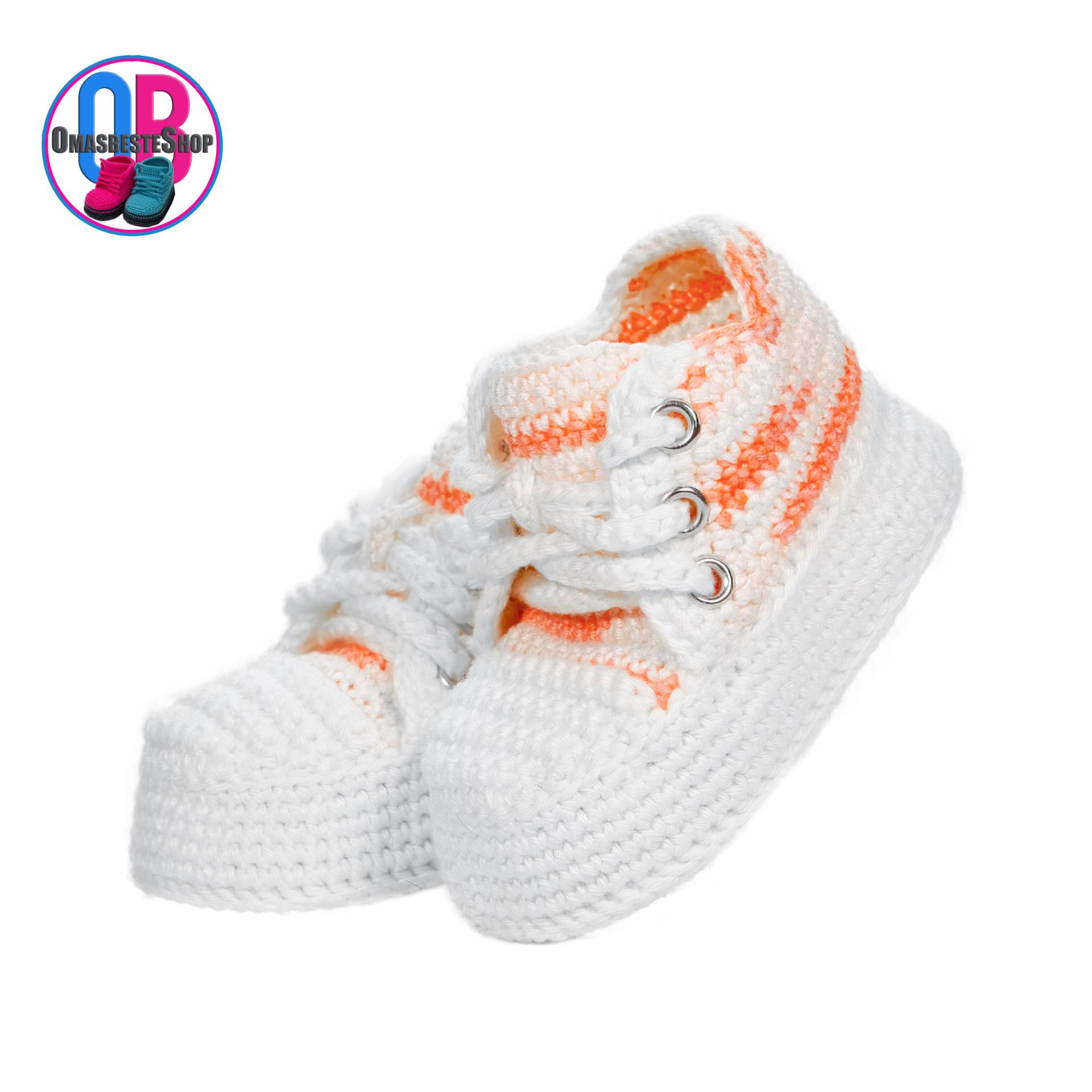 Babyschuhe, Turnschuhe, Sneaker, Gehäkelt, Häkeln, Geschenkverpackung, Handgemacht, Baumwolle, 10 cm., Weiß, Bunt von omasbesteShop