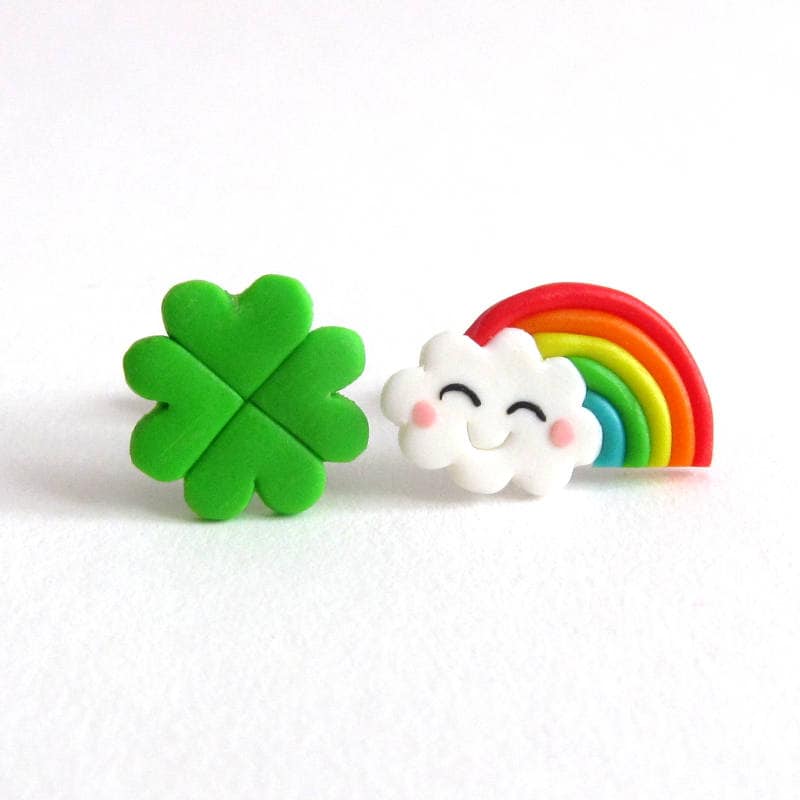 Handgefertigte St Patricks Day Ohrstecker Kleeblatt & Regenbogen-Wolke von omifimo