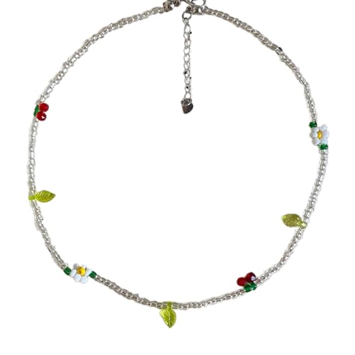 omiinitio Bunte Perlen Halskette Mit Frühlingsblumen Und Kirschen Verstellbarer Halshain Mode Accessoire Für Tägliche Kleidung Party Statement Halskette von omiinitio