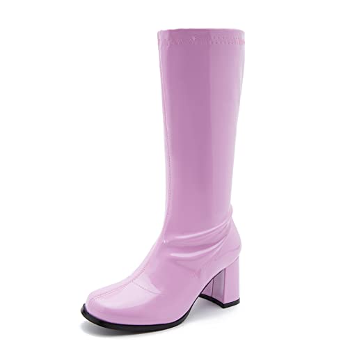 omthaka Damen Go-Go Boot Mid Calf Boots PU Leder Damen Party Tanzschuhe mit Reißverschluss Kostüm Stiefel, Pink, 39.5 EU von omthaka