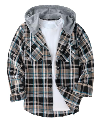Onedog Herren Kariert Freizeithemd Mit Kapuze - Langarm Button Down Jagdhemd Mit Zwei Brusttaschen (Dunkelblau Braun L) von onedog