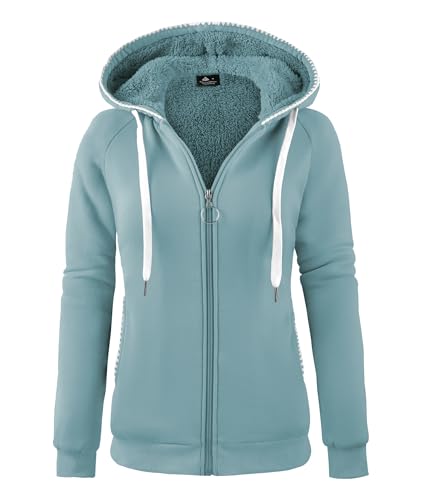 onedog Damen Kapuzenpullover Winter Sweatshirt mit Zip Hoodies Damen Jacke Fleece Reißverschluss Langärmelig Zweifarbig Strickjacke Freizeit Damen Warm Sweatshirt Winter Blau S von onedog