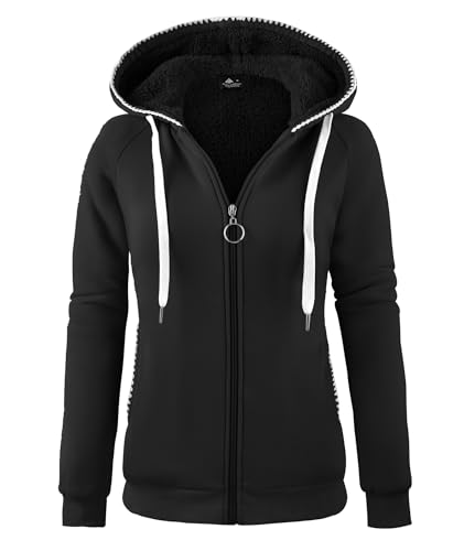 onedog Damen Kapuzenpullover mit Reißverschluss Langärmelig Winter Women's Sweatshirt Sport Basic Damen Fleece Hoodie mit Taschen Casual Fleecejacke Warm Schwarz M von onedog