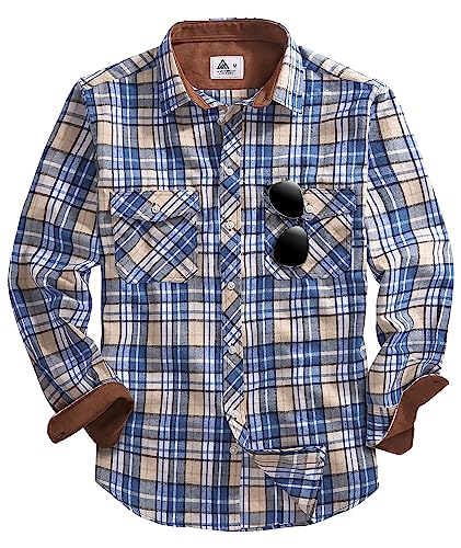 onedog Flanellhemd Kariertes Hemd für Herren Erwachsene Plaid Hemd Button Down Hemd Baumwolle Holzfäller Regular Fit Herren Langarm mit Brusttasche, 1480 Blau Beige, XXL von onedog