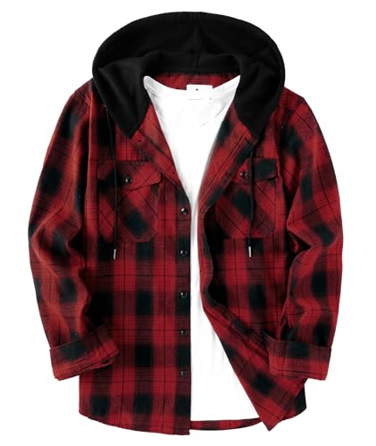 onedog Herren Hemd Herren Button Down Kariert Freizeithemd Hemd Jagdhemd Herren Hemd Mit Kapuze Herren Kariert Langarm Mit Zwei Brusttasche, (Rot Schwarz XXL) von onedog