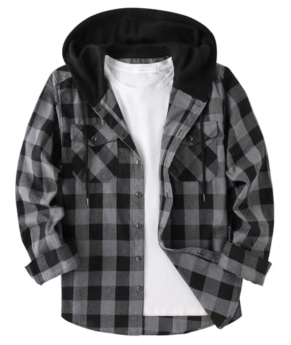 onedog Herren Hemd Herren Button Down Kariert Freizeithemd Hemd Jagdhemd Herren Hemd Mit Kapuze Herren Kariert Langarm Mit Zwei Brusttasche, (Schwarz Grau M) von onedog