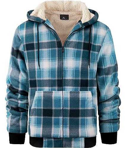 onedog Herren Kariertes Hoodie Fleece Sweatjacke mit Reißverschluss Kapuzenpullover Herren mit Langen Ärmeln Fleece Winterjacke mit Kapuze Herbst und Winter Warme Jacke mit Verdickung(Hellblau-L) von onedog