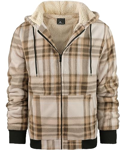 onedog Herren Kariertes Hoodie Fleece Sweatjacke mit Reißverschluss Kapuzenpullover Herren mit Langen Ärmeln Fleece Winterjacke mit Kapuze Herbst und Winter Warme Jacke mit Verdickung(Khaki-L) von onedog