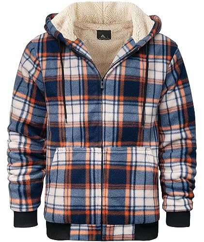 onedog Herren kariertes Hoodie Fleece Sweatjacke mit Reißverschluss Kapuzenpullover herren mit Langen Ärmeln Fleece winterjacke mit Kapuze Herbst und Winter Warme Jacke mit Verdickung(Dunkelblau1-2XL) von onedog