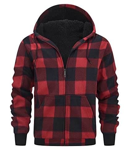 onedog Kariertes Fleecejacke Herren Hoodie Kapuzenpullover für Herren Full Zip Sherpa Fleece Kapuzenjacke Herren Winterjacke Fleece Jacke Outdoor Freizeitjacke für doppelte Wärmeschicht(Rot-2XL) von onedog